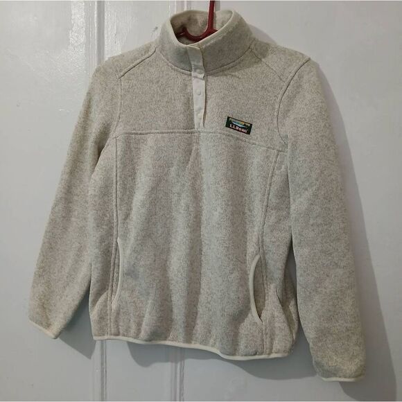 LL BEAN womens small beige cream T Snap fleece mock neck pullover sweater - Picture 1 of 5